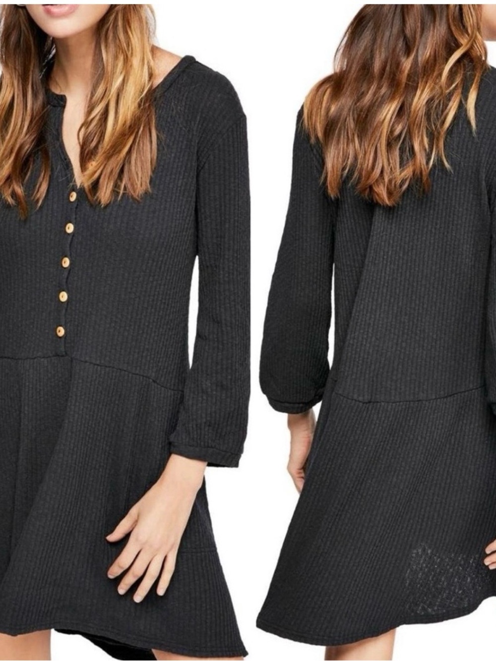 Free People Beach Charcoal Ribbed Button-Front Long Sleeve Dress